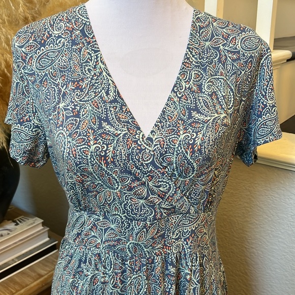 L.L. Bean Faux Wrap Teal Paisley Printed Stretch Short Sleeve MIDI Dress Medium - Picture 2 of 6